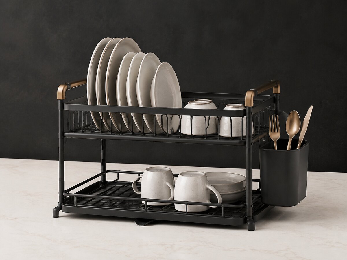 A modern two-tier dish rack with dishes and a utensil holder