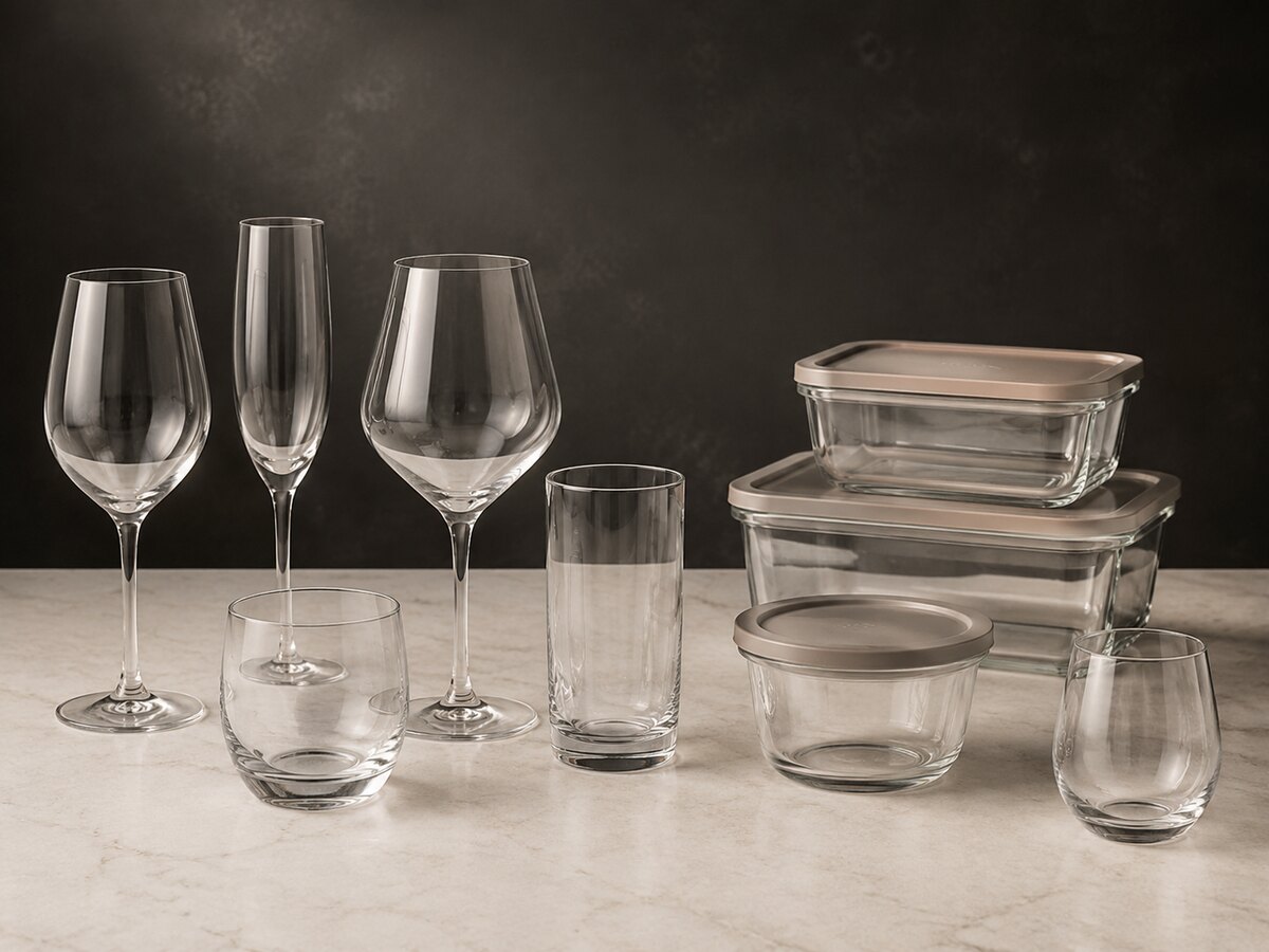 Clear drinking glasses and glass food storage containers